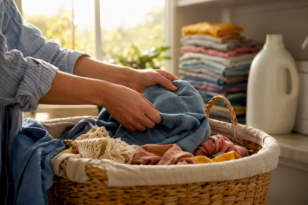 Hands sorting laundry in home laundry nook