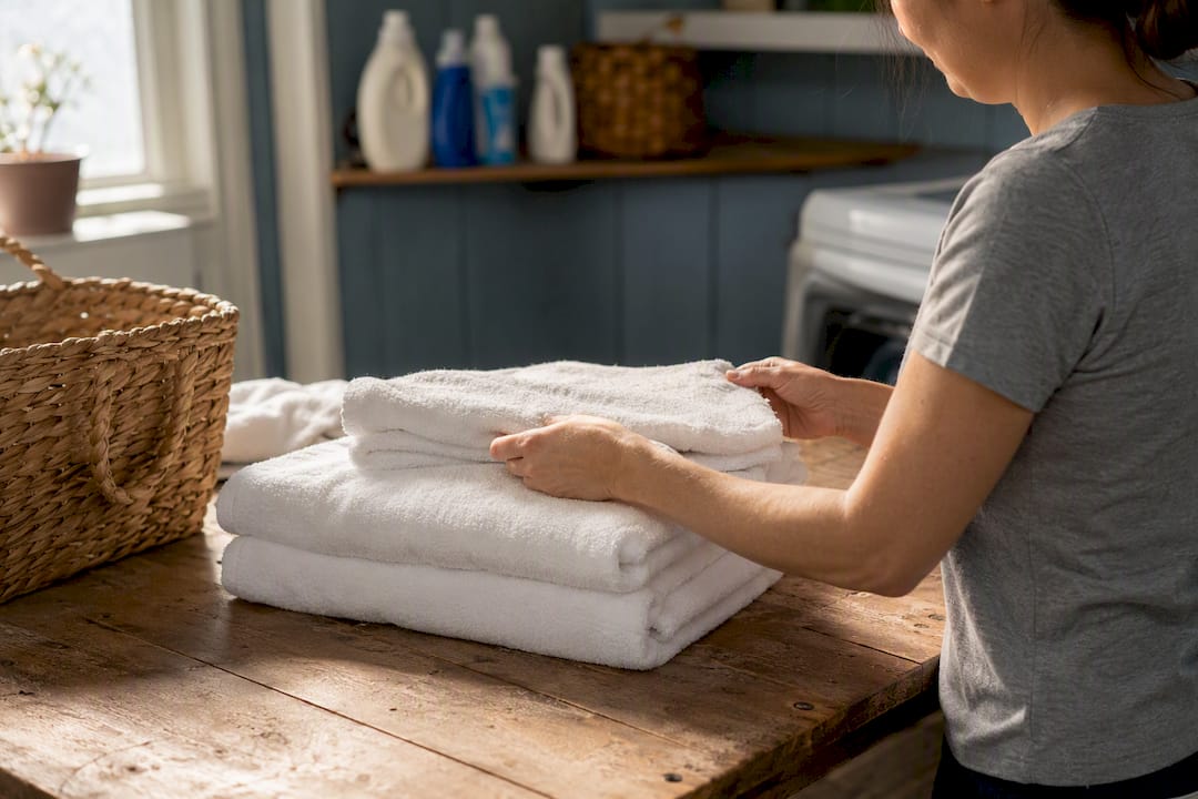 Hands folding towels on laundry table