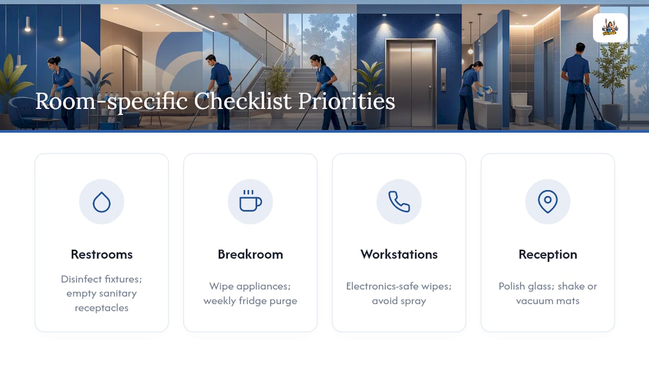 Office cleaning zones and priority tasks