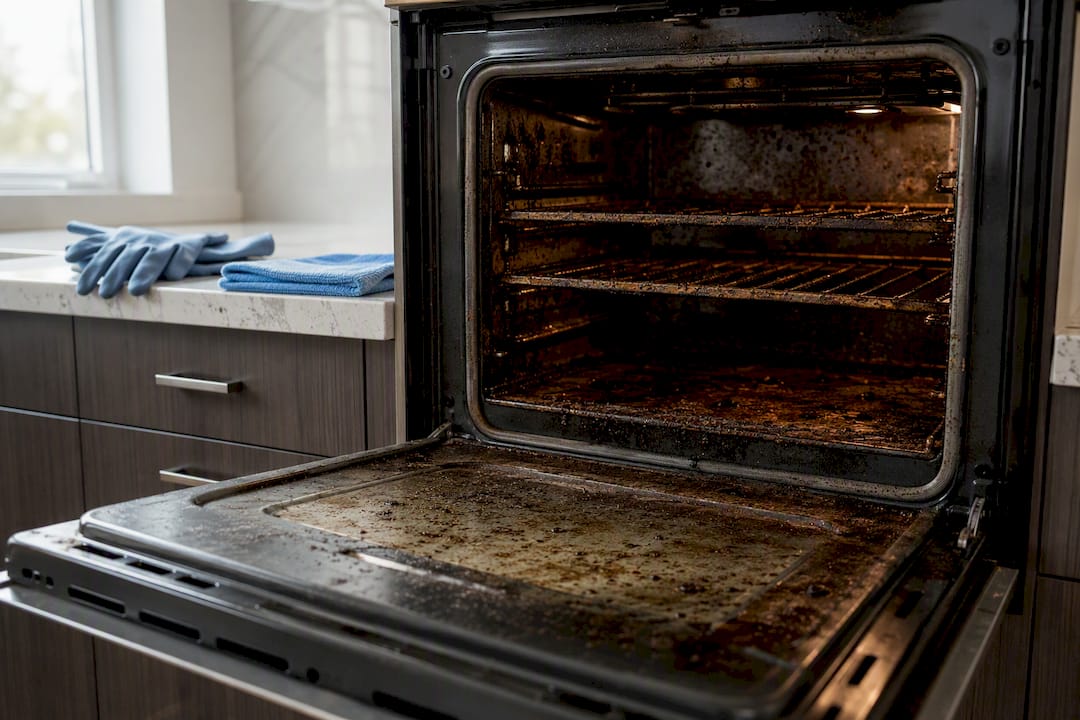 Grease buildup inside a rental oven