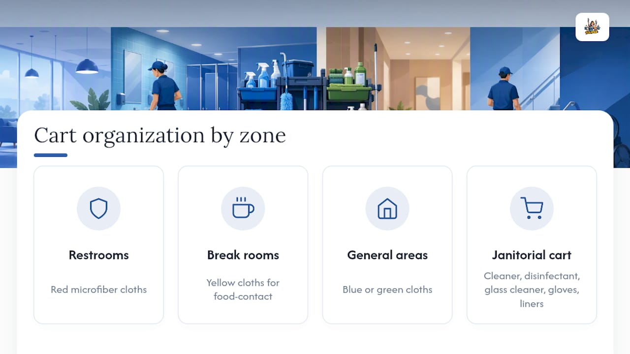 Color-coded cleaning zones and cart supplies