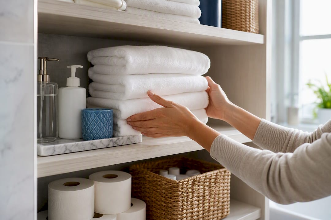Bathroom towels and consumables being replenished