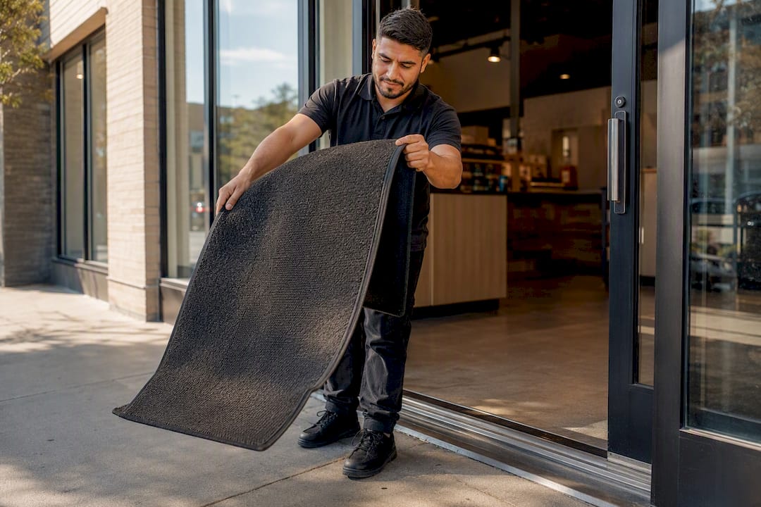 Employee cleaning a retail entrance mat