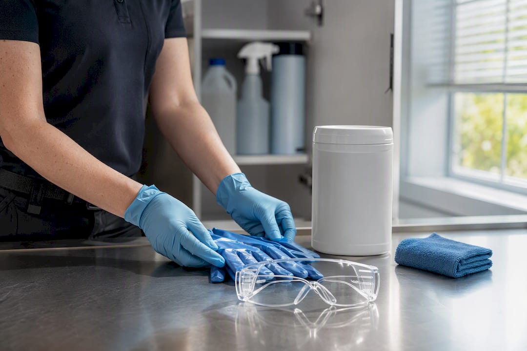 Protective equipment beside disinfectant supplies