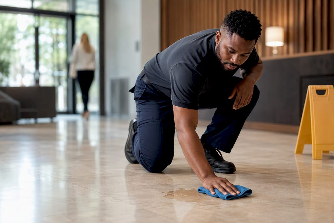 Day porter responding to lobby floor spill