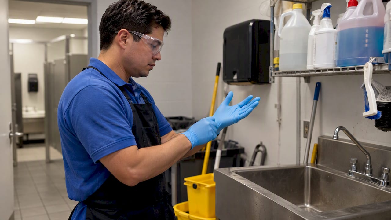 Cleaner putting on PPE in office restroom