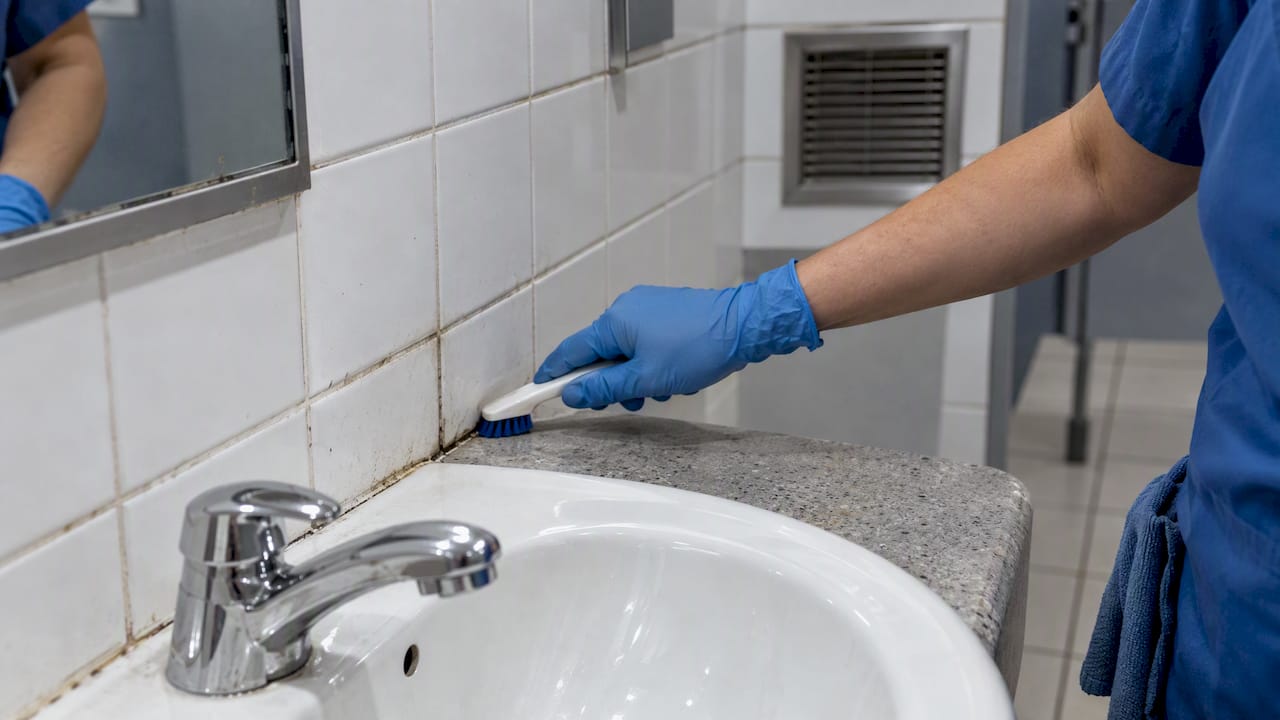 Worker inspecting mold on restroom grout