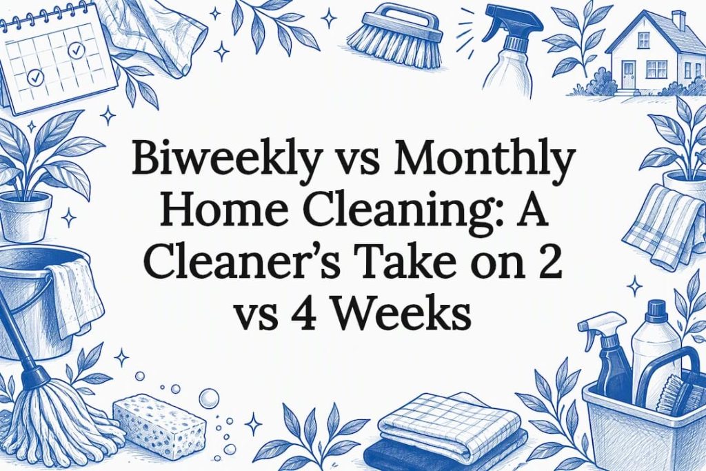 Cleaning tools and calendar frame the title