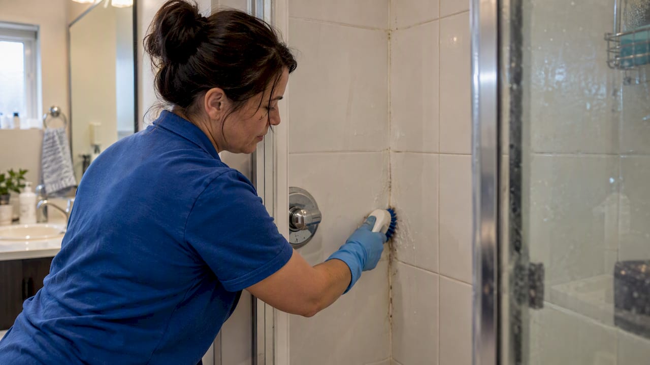 Cleaner scrubbing a shower corner