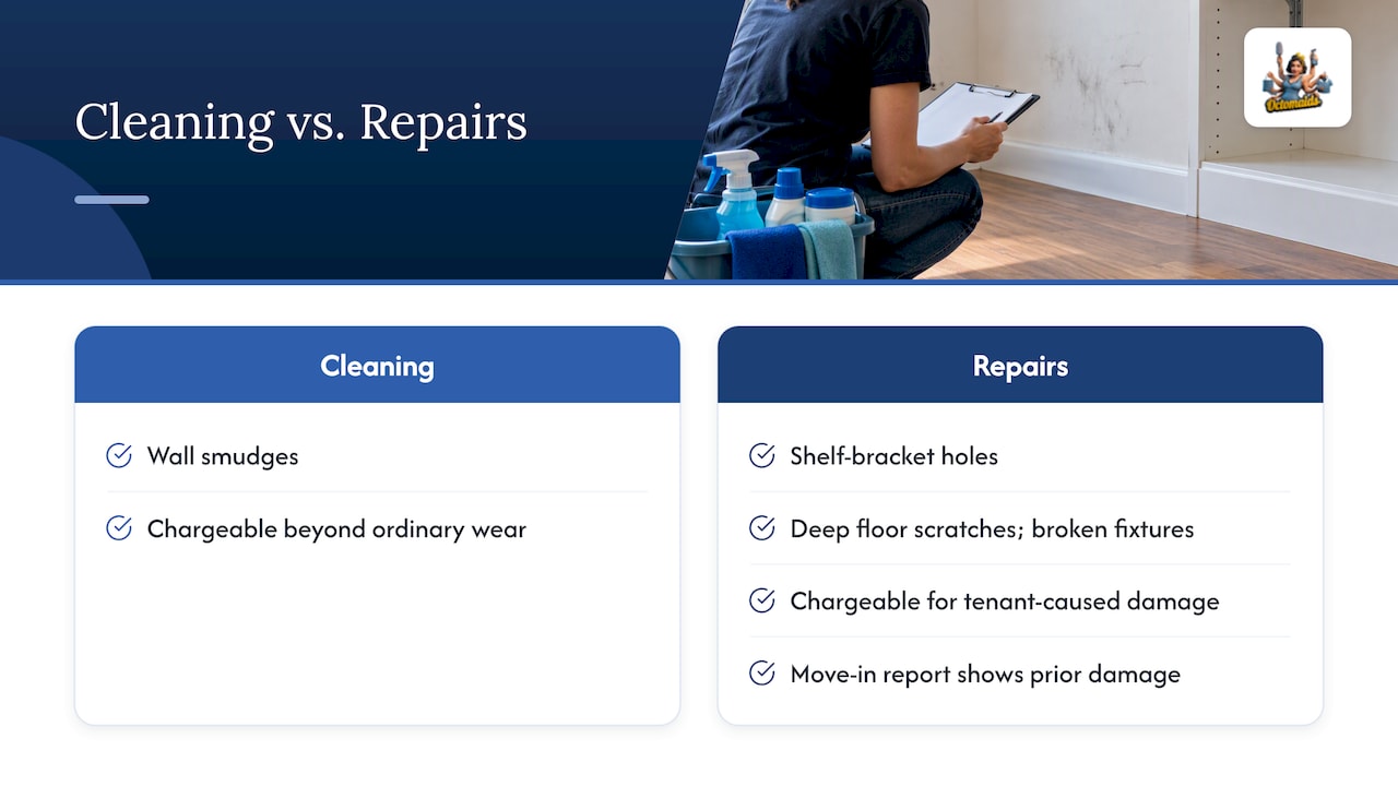 Move-out examples distinguishing cleaning from repairs
