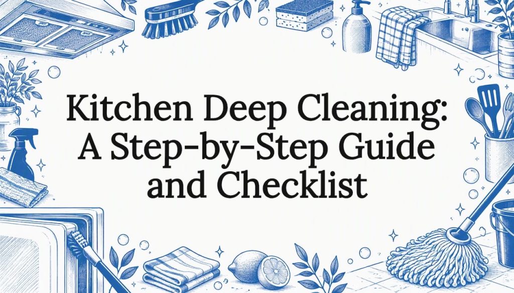Kitchen cleaning tools frame the title