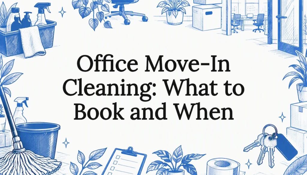 Sketch of office cleaning tools framing title