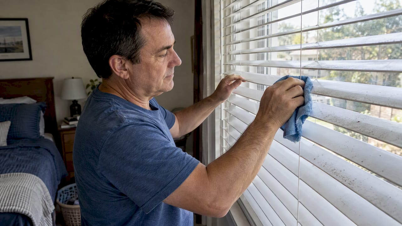 Homeowner wipes dusty blinds with damp cloth