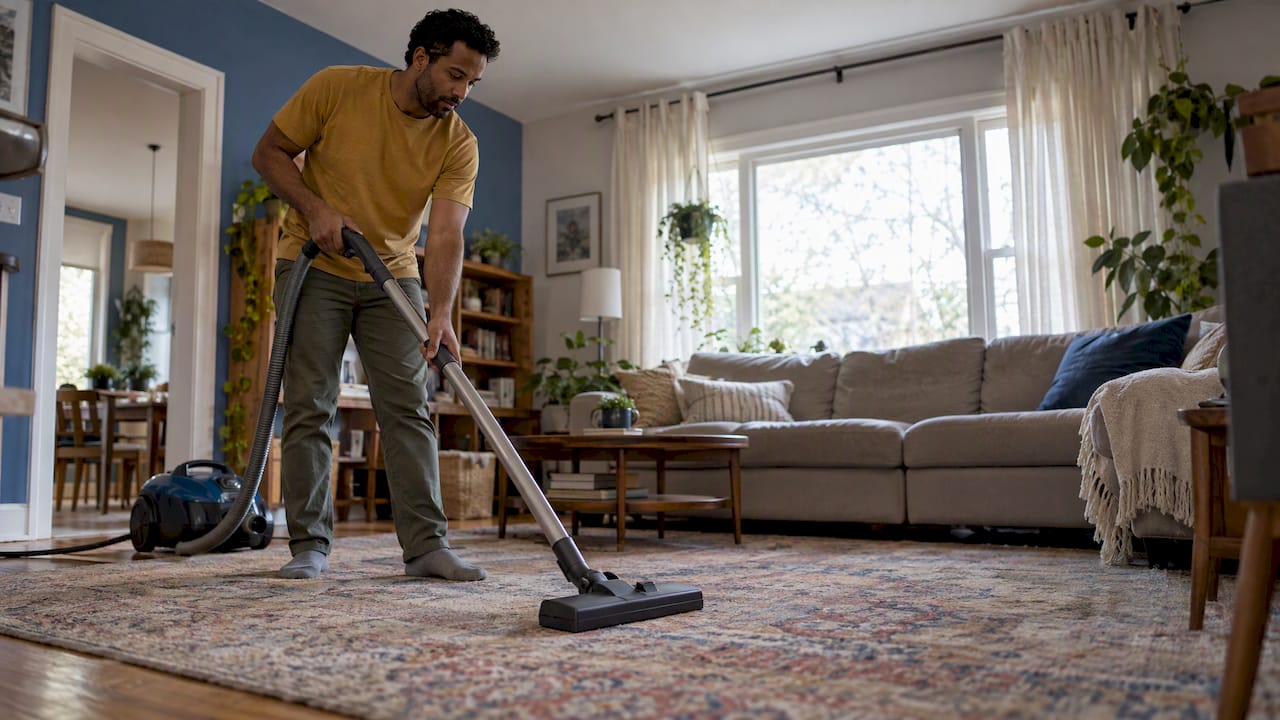 Man vacuuming an area rug at home