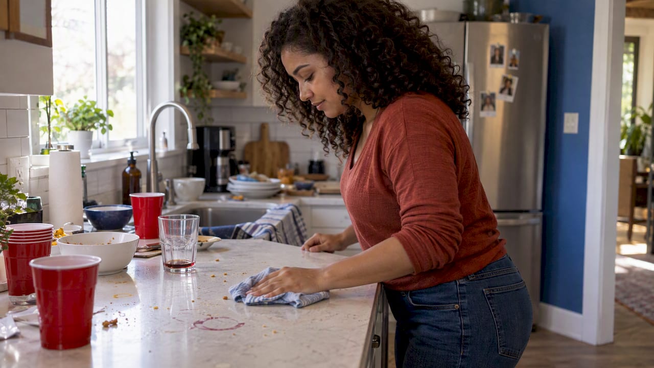 Woman wiping a sticky post-party kitchen counter
